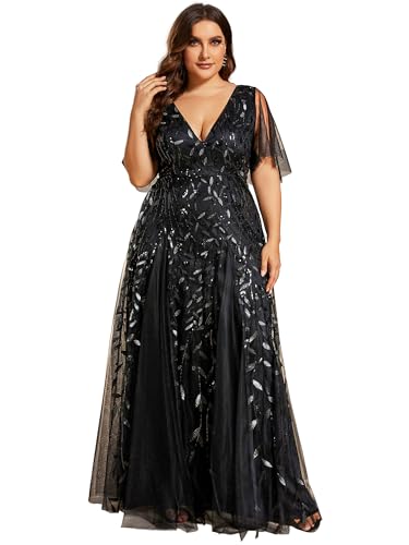 Image of Ever-Pretty Women's Sequin V Neck Plus Size Formal Dresses Evening Gown | Short Sleeve, A-Line, Empire Waist, Plus Size Mother of the Bride Dresses, Plus Size Gala Dress