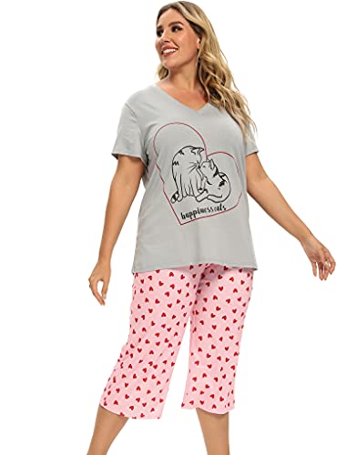 Image of Vozanet Women's Pajamas Set Soft V Neck Sleepwear Top and Capri Pj Lounge Sets Cartoon Heart Shape Cat Nighty Plus Size