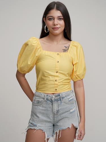 Image of Tokyo Talkies Women's Puff Sleeves Shirt-Style Crop Top | Chic & Trendy | Perfect for Casual Outings & Weekend Brunches | Tops for Woman | Women Tops | Stylish Top
