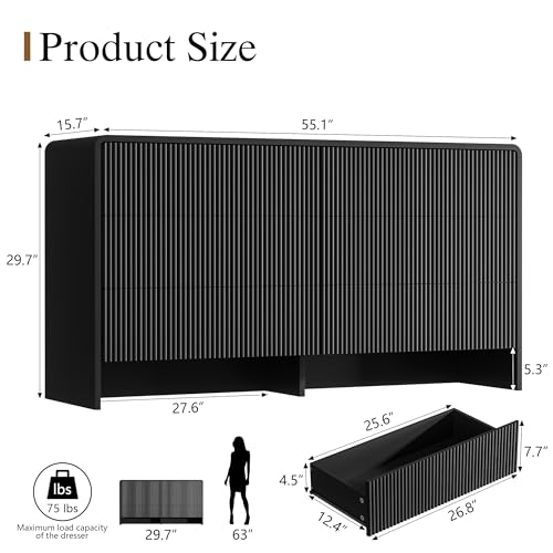 Image of Furniway Black 6 Drawer Dresser for Bedroom, 55.1 inch Wide Chest of Drawers