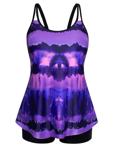 Hanna Nikole Damen Zweiteiliger Tankini Bauchweg Badeanzug A-Linie Badeoberteile für Mollige Lila Tie Dye 46 1