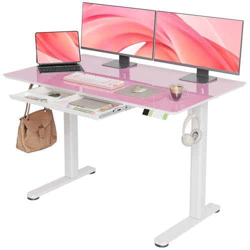 Image of INNOVAR Glass Standing Desk with Drawers 48x24 Inch Morandi Powder
