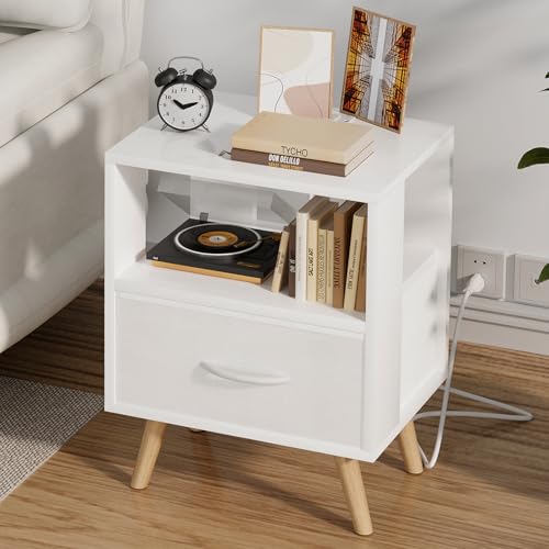 Aenuert Night Stand with Charging Station, White Nightstand with Drawer, 3-Tier Wooden Bedside Table with USB Ports and Outlets, End Table for Small Space, Living Room, Bedroom by Aenuert - Used condition - US$32.73