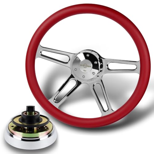 18" Universal 457mm 5 Bolt Hole 2 Inches Deep, Vintage Style Leather Grip Steering Wheel with Hub Adapter Compatible with T04 Kenworth, Peterbilt All Models (Red Leather Grip)