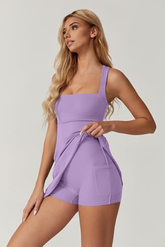 Image of QINSEN Womens Square Neck Tennis Dress Sleeveless Built in Shorts Golf Athletic Dress with Pockets