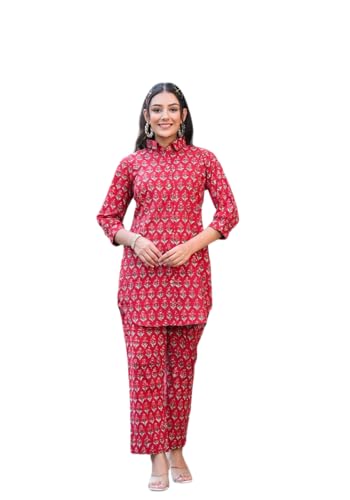 Image of Leriya Fashion Co Ord Set for Women Stylish | Ethnic Short Kurti for Women | Stylish Summer Printed Cotton Kurta Sets for Woman | A-Line Dress for Woman | 3 /4 Sleeve Top with Relaxed Fit Pant