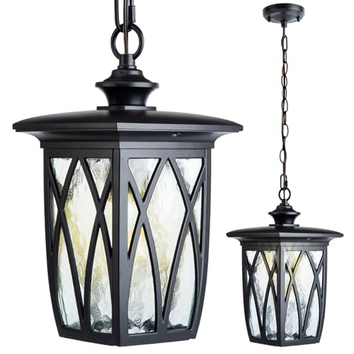 Image of 15'' Outdoor Pendant Light Fixture, Exterior Hanging Lantern, Modern Black Metal Outside Chandelier Light Fixture Ceiling Mount with Water Ripple Glass & Adjustable Chain for Porch, Gazebo, Front Door