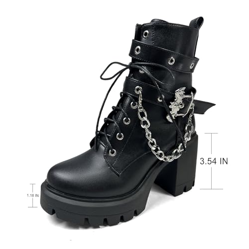 Image of FOREADA Goth Boots Chunky Heel Boot For Women Ankle Combat Booties Black Platform Bootie Buckle Rivets Punk Goth Shoes With Zipper