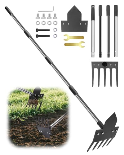 Hutigertech 2-in-1 Unkrautstecher mit Stiel 5-Zinken-Rechen – 30' bis 60' Verstellbarer Griff, Gartenschaufeln für das Lockern von Erde, Pflanzen und Unkrautbekämpfung