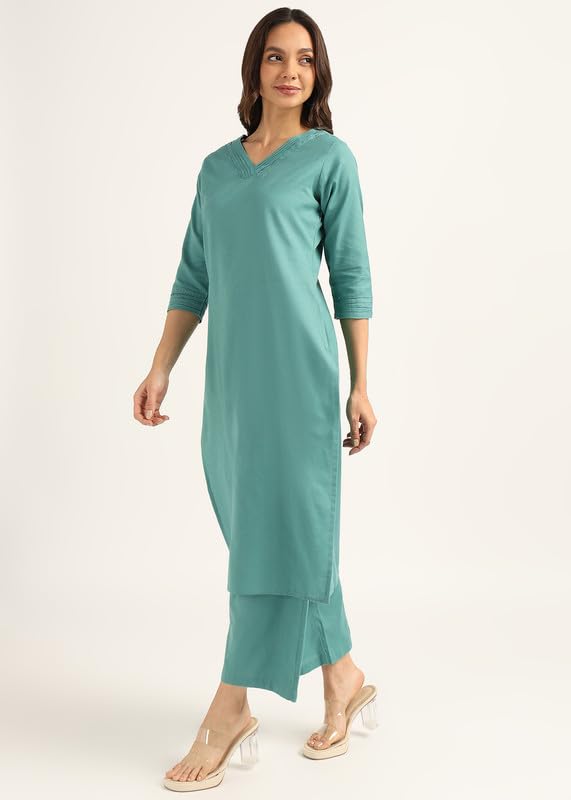 Image of BLOCKS OF INDIA Women's Solid Straight Kurta Set | Hand-Stitched Neck Details with Pintucks | Comfortable Pants with Pockets, Elastic Waist & Drawstring Fit