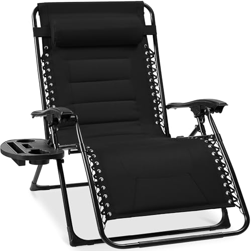 Best Choice Products Oversized Padded Zero Gravity Chair, Folding Outdoor Patio Recliner, XL Anti Gravity Lounger for Backyard w/Headrest, Cup Holder, Side Tray, Polyester Mesh - Black