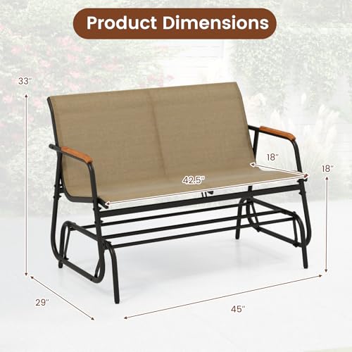 Image of Giantex Patio Glider Bench, 2-Person Swing Gliding Loveseat with Curved Teak Armrests, Fabric Seat, Metal Frame, Load 660lbs, Outdoor Rocking Chair for Porch, Yard, Poolside