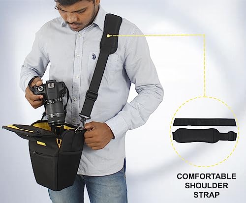 Image of Polyester D2 Dslr Camera Bag, Camera Case With Adjustable Shoulder Strap, Compatible For Nikon, Canon, Sony Cameras, Waterproof, Anti Shock (Black-Yellow Interior)