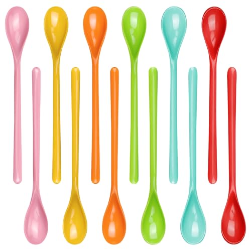 Ferenando 12 Pièces Cuillere Longue en Plastique Rigide Réutilisable 18.5cm, 6 Couleurs Cuillère à Café Longue, Cuillère à Confiture Long Manche, pour...