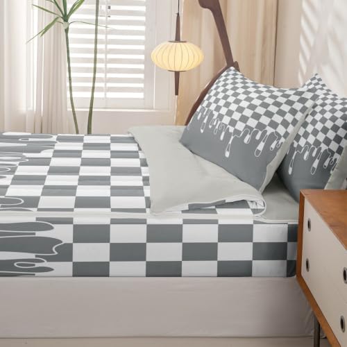 Image of Neutral Grey Checkered Zipper Bedding Set Twin Zip Up Bedding Gingham Checkerboard Drip Comforter Set with Sheets,Retro Aesthetic Funky Modern Geometric Bed in a Bag Grid Plaid Bed Sets Y2K Room Decor