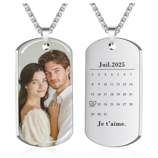 BEXOA Collier Personnalisé Photo Gravée Pendentif Plaque Militaire Dog Tag Gravure Prénom Texte Date Cadeau Homme Femme (Argent – Calendrier UV)
