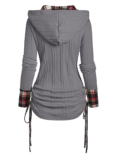 Image of ZEZCLO Women's Twisted Cable Knit Plaid Print Hooded Sweater Mock Button Ruched Shawl Neck Knit Top