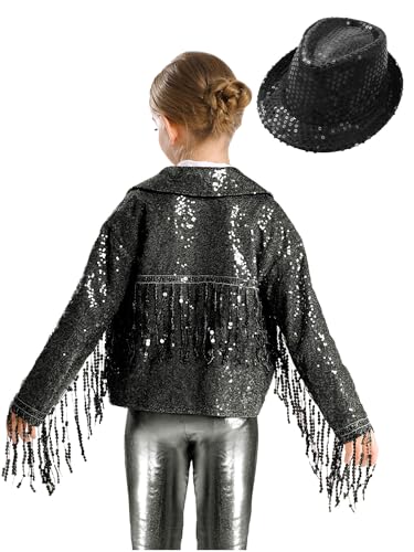 Kids Girls Dance Jacket Outfits Long Sleeve Cardigan Sparkle Sequins Tassle Coat with Hat Dancing Dress Up2