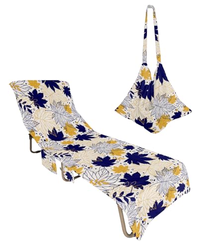 Fall Leaves, Beach Lounge Chair Towel Cover, Soft Chaise Lounge Towel with Side Pockets Patio Pool Chairs Cover for Beach/Pool Sunbathing 29x85 Navy Blue Yellow Modern Abstract Geometric Leaf