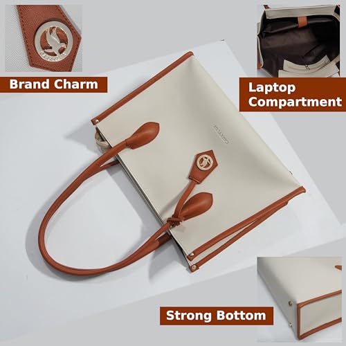 Image of Carrylux Women's Soft & Lightweight Tote Bag | Handbag | 14-inch Laptop Space | Ivory & Tan
