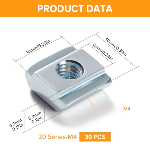 Lyeteung 30 Stücke 20 Serie M4 T-Nut-Mutter, T-Gleitmuttern, Hammer Mutter Block Vierkantmuttern, für Europäische Standard 20 Serie 6 mm T-Nut-Aluminium-Extrusionsprofil