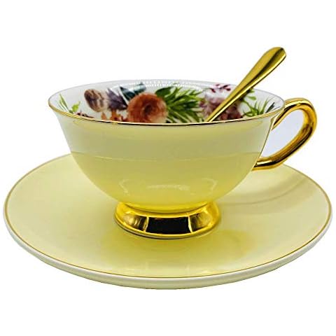 Krysclove Vintage Ceramic Teacup, Elegant Coffee Cup with Spoon and Saucer Set, Fine Royal Bone China Tea Cups (Yellow) Cover