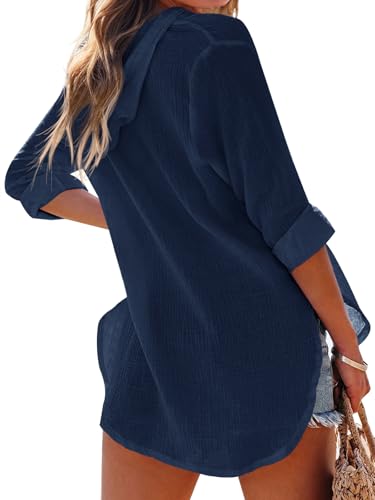 Camisa de playa Ebifin azul marino holgada con capucha protectora y cuello en V 5