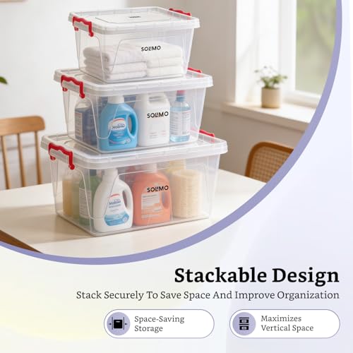 Image of Amazon Brand - Solimo Multi Box (3 Pcs - 5L, 10L, 15L) Transparent Plastic Storage Containers with Locking Handles | Stackable & BPA-Free Organizer | Multipurpose Storage for Home, Office & Kitchen