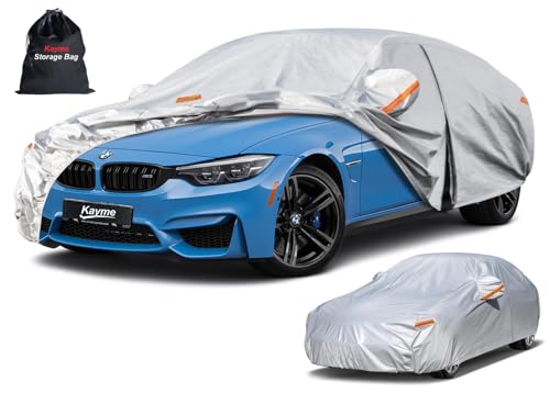 Image of Kayme 6 Layers Car Cover Custom Fit for BMW 3 Series 320i 325i 328i 330i 335i (2013-2025) Waterproof All Weather for Automobiles, Outdoor Full Cover Rain Sun UV Protection.Silver