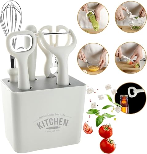 Image of JB'S LAND 6-Piece Kitchen Tool Set with Holder | Stainless Steel Knife, Peeler, Whisk, Scissors & Bottle Opener | Multipurpose Kitchen Gadgets Set | Anti-Slip Handle | Space Saving Organizer