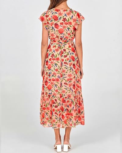 Image of BTFBM Women Summer Bohemian Floral Casual Wrap V Neck Ruffle Cap Sleeveless Belt A-Line Pleated Hem Midi Sun Dress White
