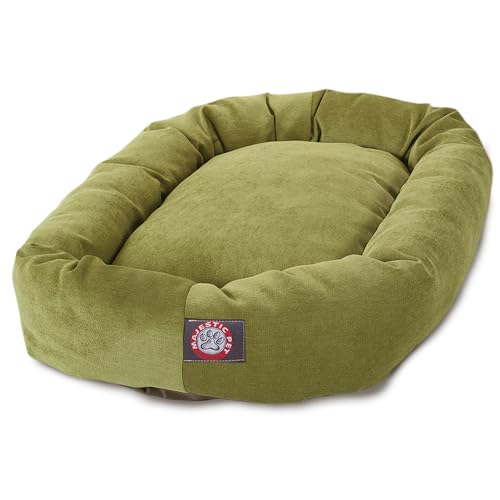 Image of Majestic Pet 32 Inch Micro Velvet Calming Dog Bed Washable - Cozy Soft Round Dog Bed with Spine for Head Support - Fluffy Donut Puppy Mat 32x23x7 (inch) Medium - Apple