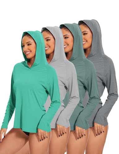 Kinglaman 4 Pack Women's Sun Protection UPF 50+ Hoodie SPF Long Sleeve Hiking Fishing UV Athletic Shirts Lightweight, 1 Grey 1 Heather Grey 1 Dark Green 1 Green, Small