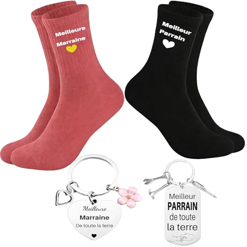 jenich 4 Pièces Cadeau Marraine Cadeau Parrain Chaussettes Porte-Clés Marraine Parrain Noël...