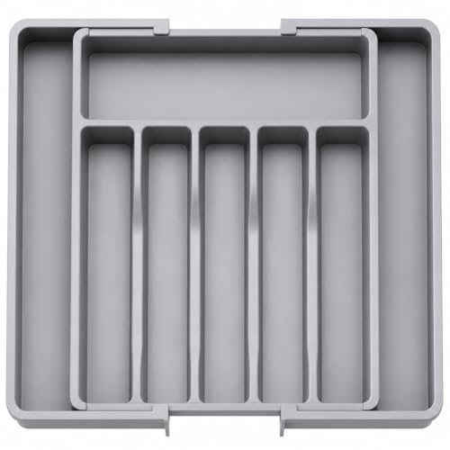 Image of Large Silverware Drawer Organizer, Expandable Utensil Tray for Kitchen, BPA Free Flatware and Cutlery Holder, Adjustable Plastic Storage for Spoons Forks Knives (Grey, Pack Of 1)