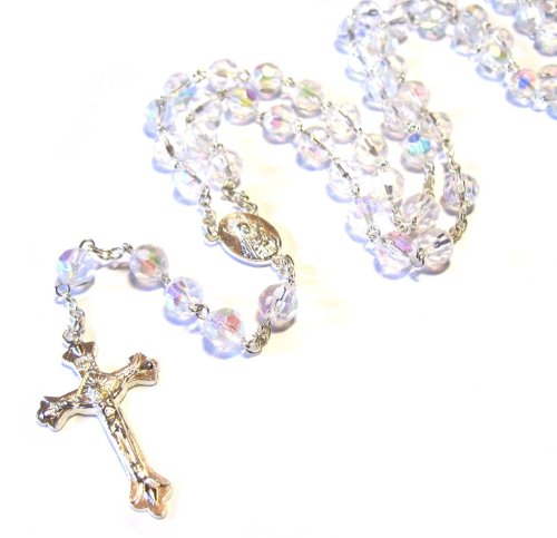 Silver Plated Necklace Rosary Crystal CLEAR Glass Beads & Jesus Crucifix and Jerusalem Cross by Accessory