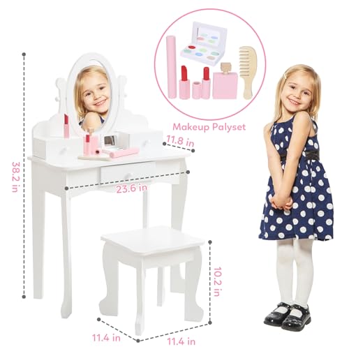 GarveeHome Kids' Vanity Set with Mirror, Makeup Table and Stool for Girls, Vanity Desk and Chair with Wood Makeup Playset for 4-9 Girls, White