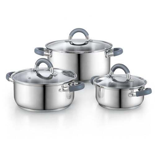Image of Cook N Home Basics Stainless Steel Cookware Sets, 6-Piece Pots and Pans | Induction Compatible, Dishwasher Oven Safe,Stay-Cool Silicone Handles