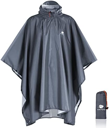 Anyoo Waterproof Rain Poncho Lightweight Reusable Hiking Hooded Coat Jacket for Outdoor Activities(Grey) One Size