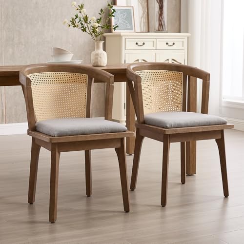Kmax Modern Rattan Dining Chair Set of 2 Farmhouse Semi Barrel Dining Room Chair Wooden Upholstered Chair Oak Finish for Kitchen, Walnut/Grey Seat