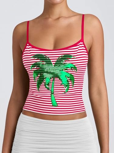 Image of MOUSYA Summer Tank Tops Women Sequin Palm Tree Shirt Striped Spaghetti Strap Crop Cami Y2K Aesthetic Sleeveless Tops