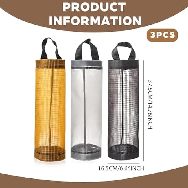 Plastic Bag Holder, 3Pcs Carrier Bag Storage, 15x6.5 Inch Portable Reusable Hanging Plastic Storage with Hooks for Kitchen, Laundry Room, and More, Hanging