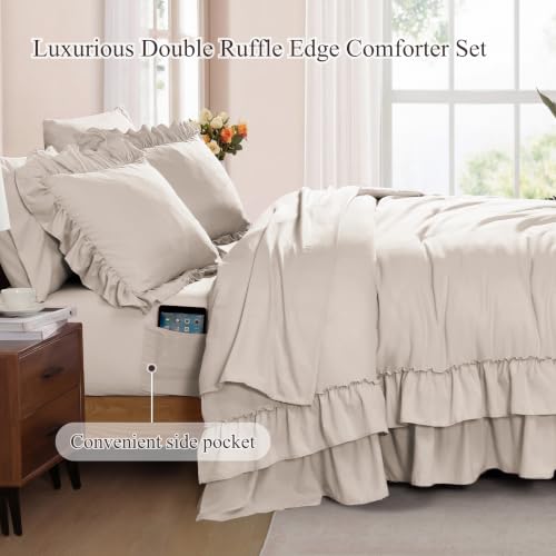Image of AMBERSPACE Queen Comforter Set Beige Ruffle 7 Pieces Farmhouse Bed in a Bag