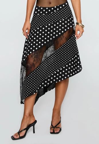 Women Y2k Boho Maxi Skirts Irregular Hem Lace Patchwork Midi Skirt Polka Dot Print Long Skirt Streetwear3