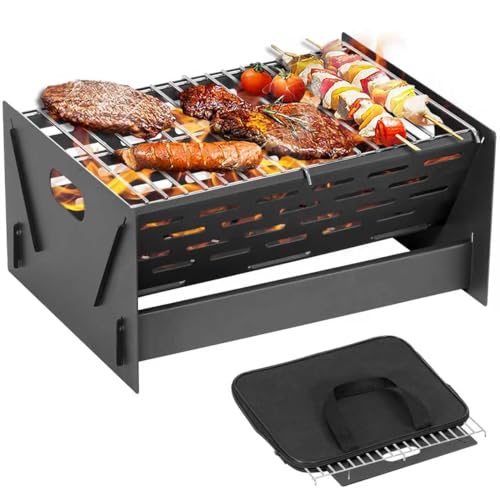 Portable Charcoal Grill Folding Camping Campfire Grill with Carry Bag Heavy Duty BBQ Grill Fire Pit for Outdoor Cooking Camping Picnic Patio Backyard by DNKMOR