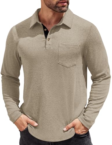COOFANDY Men's Long Sleeve Polo Shirt Casual Dress Button Polo T Shirt with Pocket Basic Lightweight Collared Golf Shirt