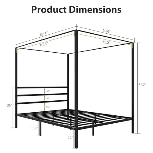 Nouva AE459 14 Inch Metal Canopy Bed Frame Queen Size - Heavy Duty Metal Four Posters Bed Platform W/Headboard No Box Spring Needed thumb #1