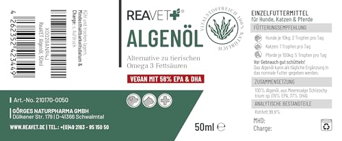 ReaVET Algenöl für Hunde, Katzen, Pferde 50 ml I Hochdosiert & Vegan Omega-3 Öl I Futteröl aus Algen unterstützt Gelenke, Stoffwechsel, Fell & Haut