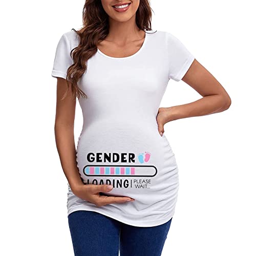 Femmes maternité manches courtes col rond lettre mignonne avec des pots imprimés T-shirts pendant la grossesse Costume de carnaval taille 56/58, Blanc-5., XL