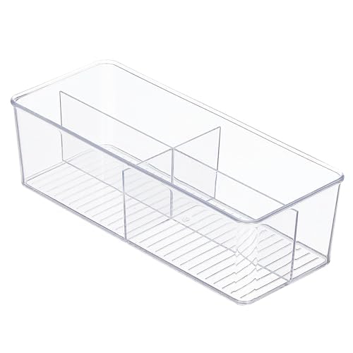 mDesign Plastic Kitchen Cabinet Storage Organizer Bin Box - 4 Divided Sections for Pantry Shelves, Countertops, Island, or Cupboard - Holds Snacks, Tea Bags, Spices, Sauces, Ligne Collection, Clear